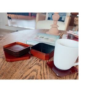 Vintage Set Of Lacquer Coasters  Deep Mahagany Colored with matching box